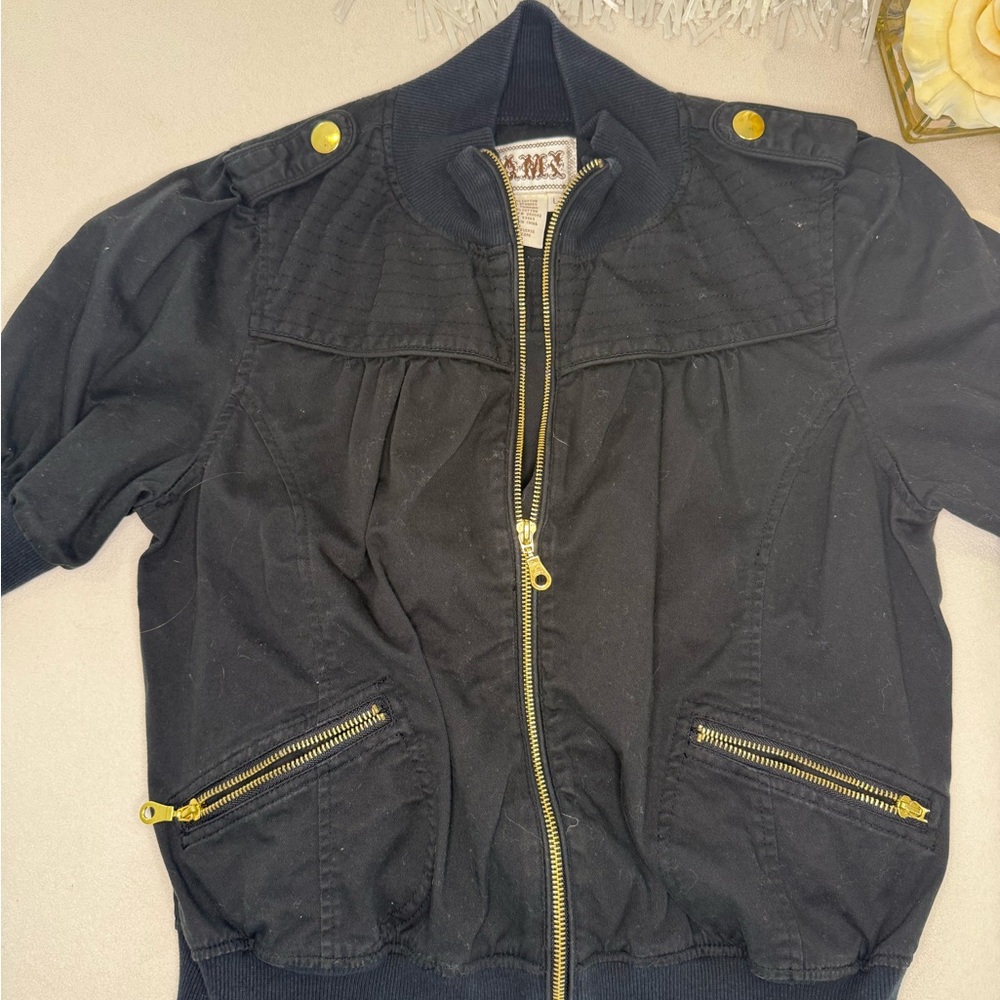 Vintage Black short sleeve Jacket with pockets and Gold Accents